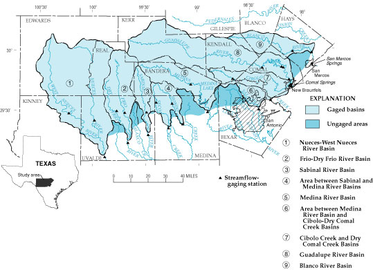 Figure 1.  Map showing gaged basins and ungaged areas in study area.